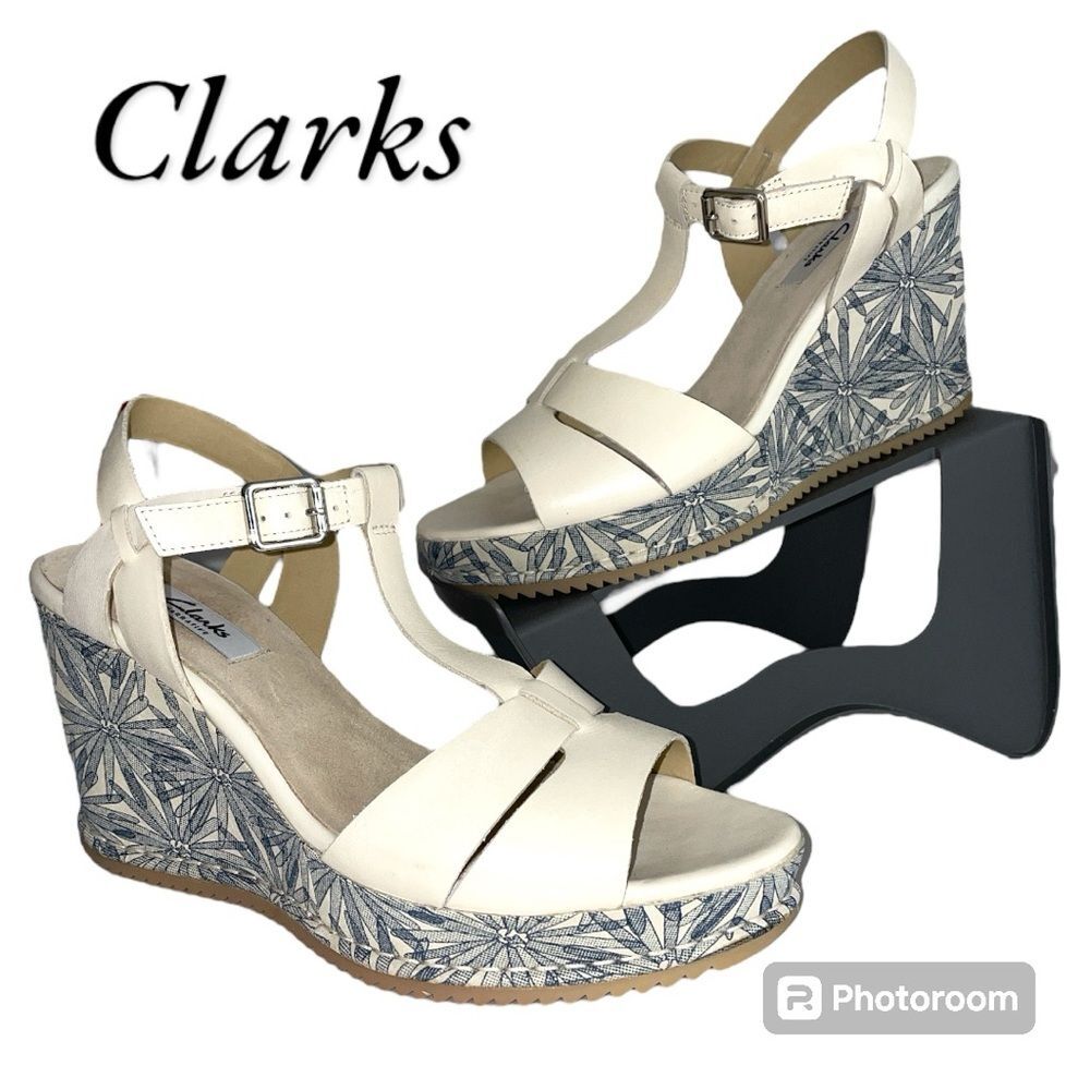 Clarks Narrative Adesha River Leather T Bar Wedge Sandals NWOT Womens Size 9.5
